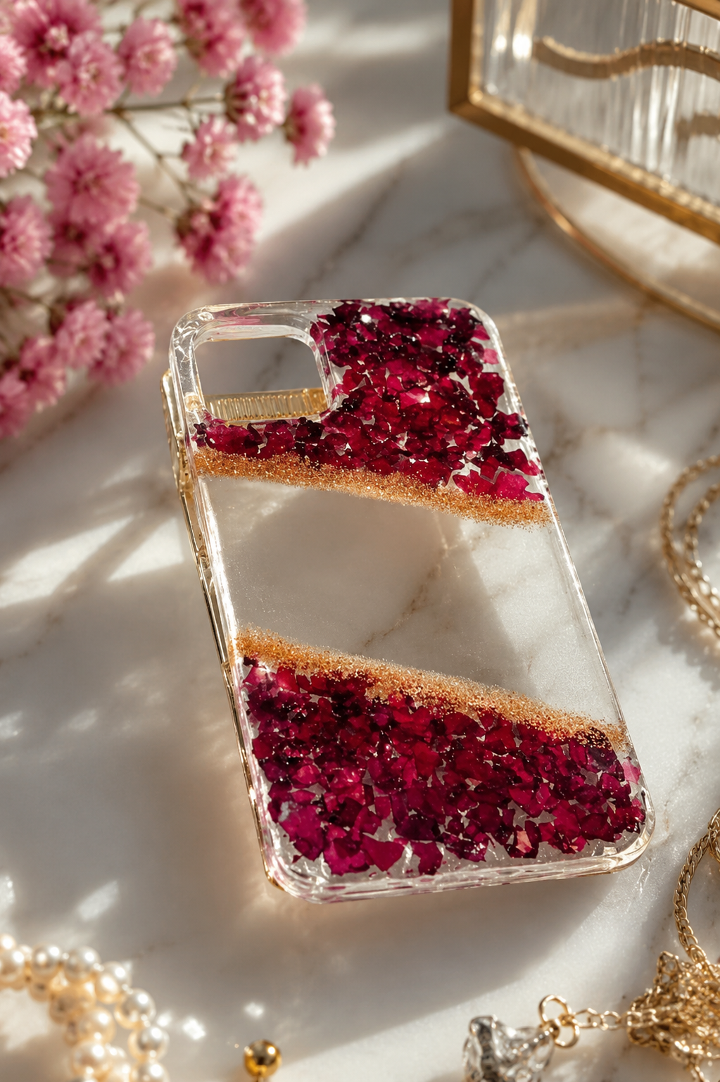 Ruby Bloom Resin Phone Case – Red Floral & Gold Glitter Design
