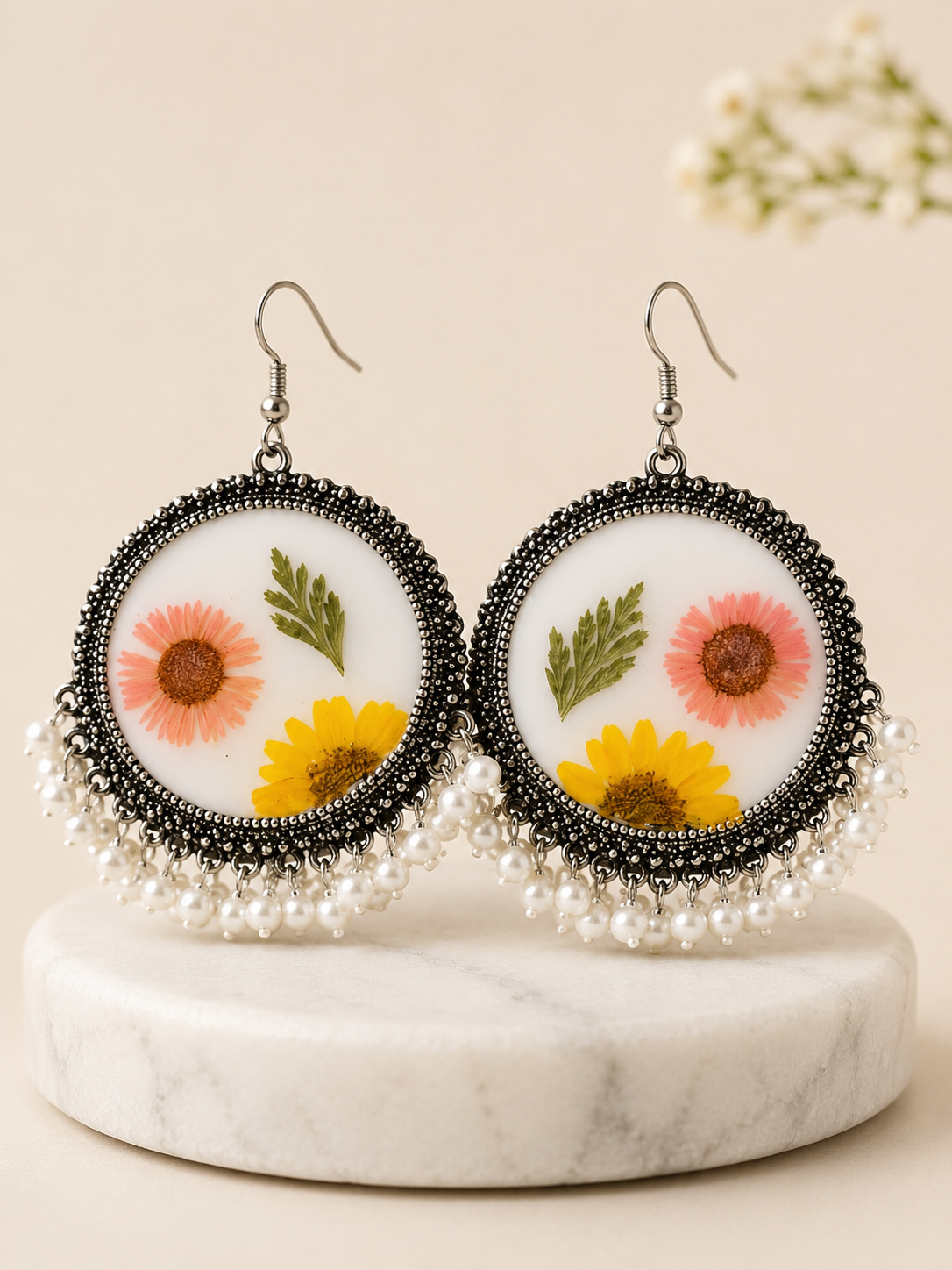 Customizable Pressed Flower Pearl Resin Earrings