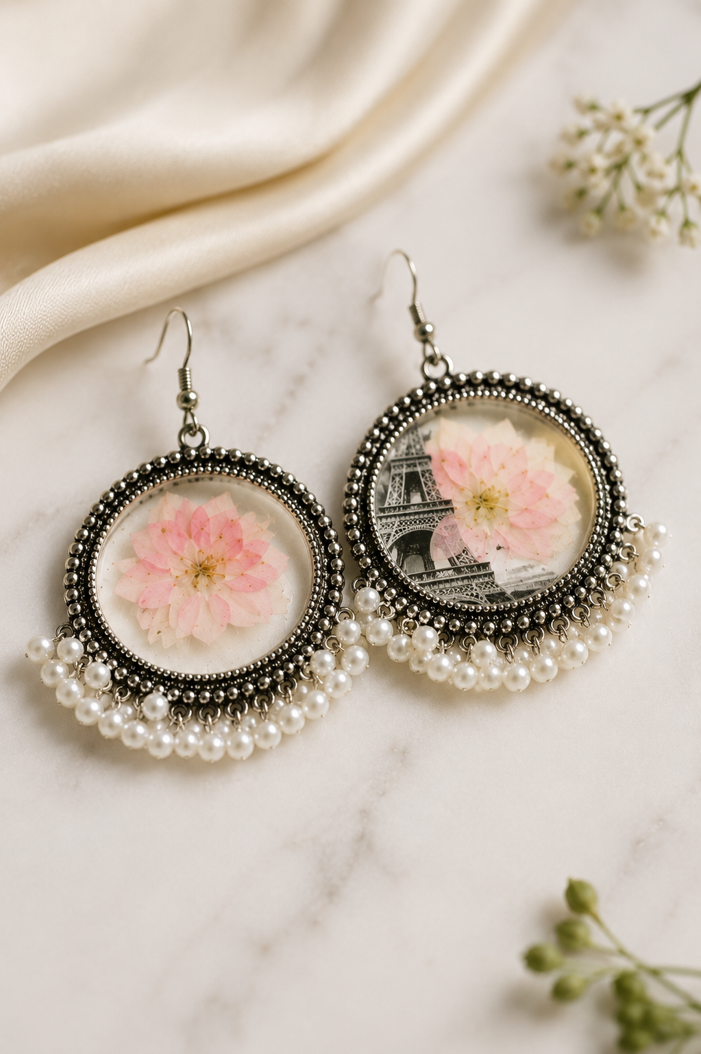 Customizable Blush Blossom Pearl Resin Earrings