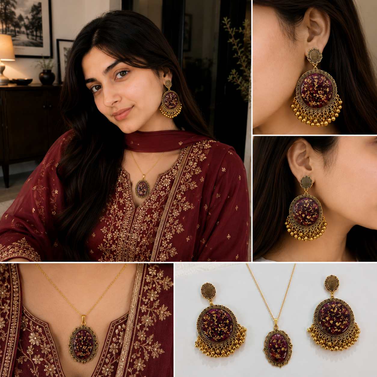 Royal Burgundy Gold Resin Jewelry Set