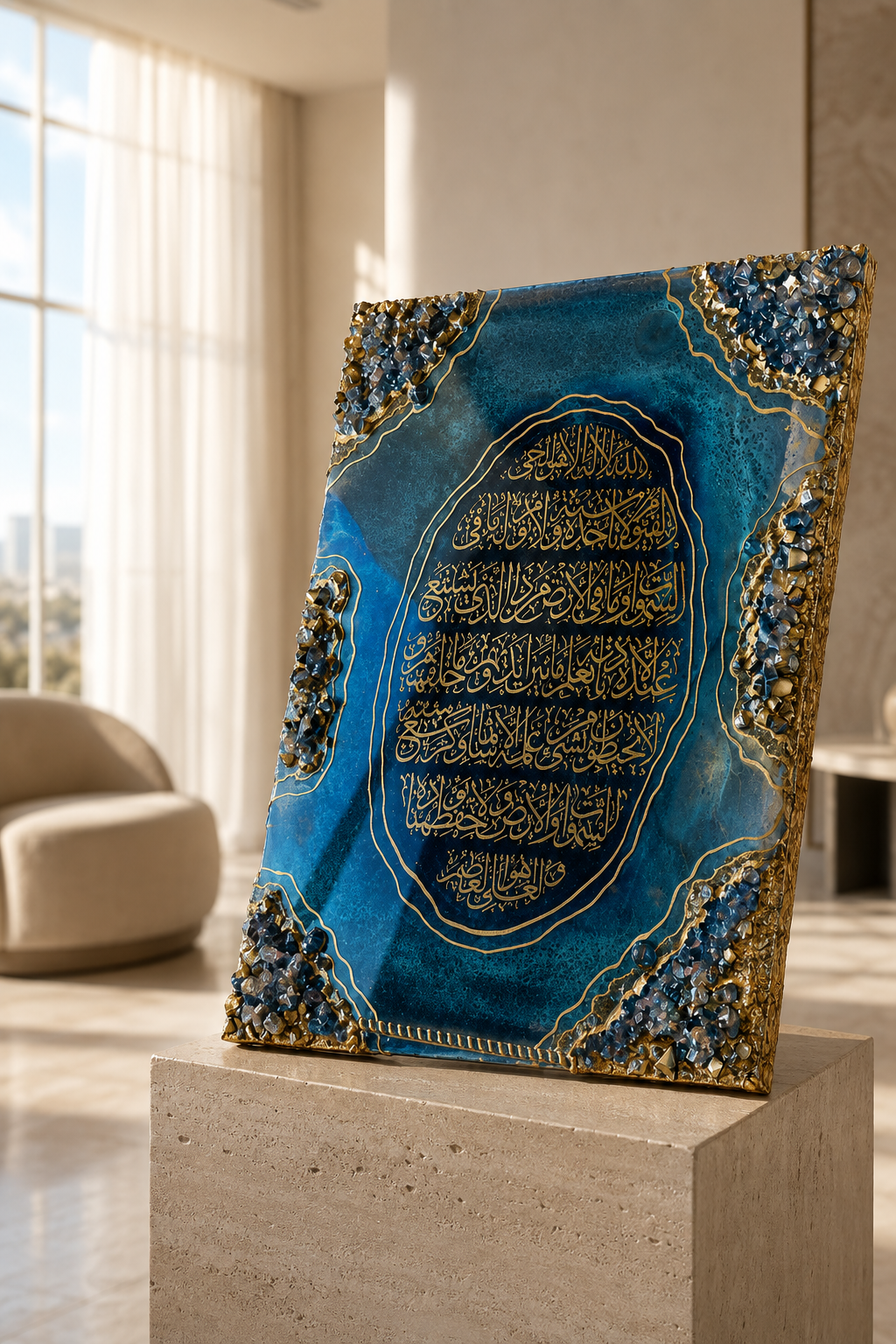 Luxury Blue Geode Islamic Resin Wall Art – Handcrafted Crystal Calligraphy Decor