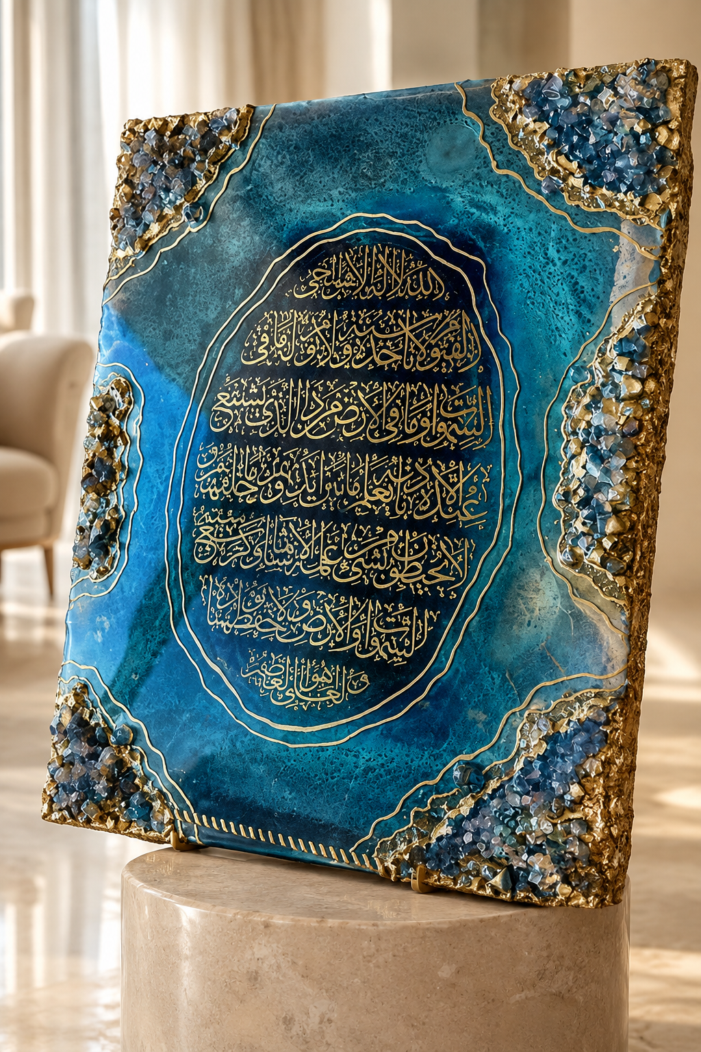 Luxury Blue Geode Islamic Resin Wall Art – Handcrafted Crystal Calligraphy Decor