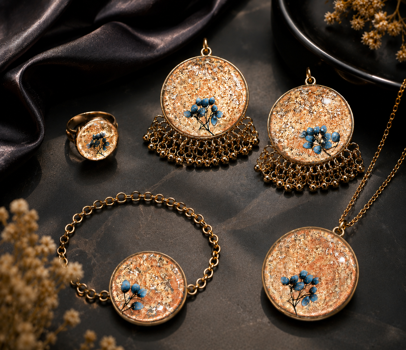 Custom Handmade Resin Floral Jewelry Set for Women | Personalized Necklace, Earrings, Bracelet & Ring