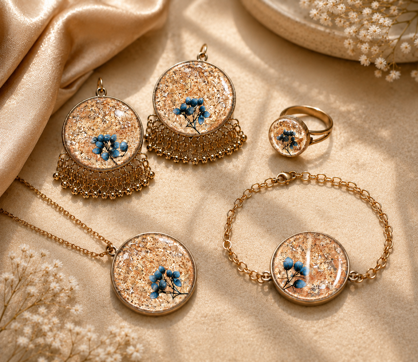 Custom Handmade Resin Floral Jewelry Set for Women | Personalized Necklace, Earrings, Bracelet & Ring