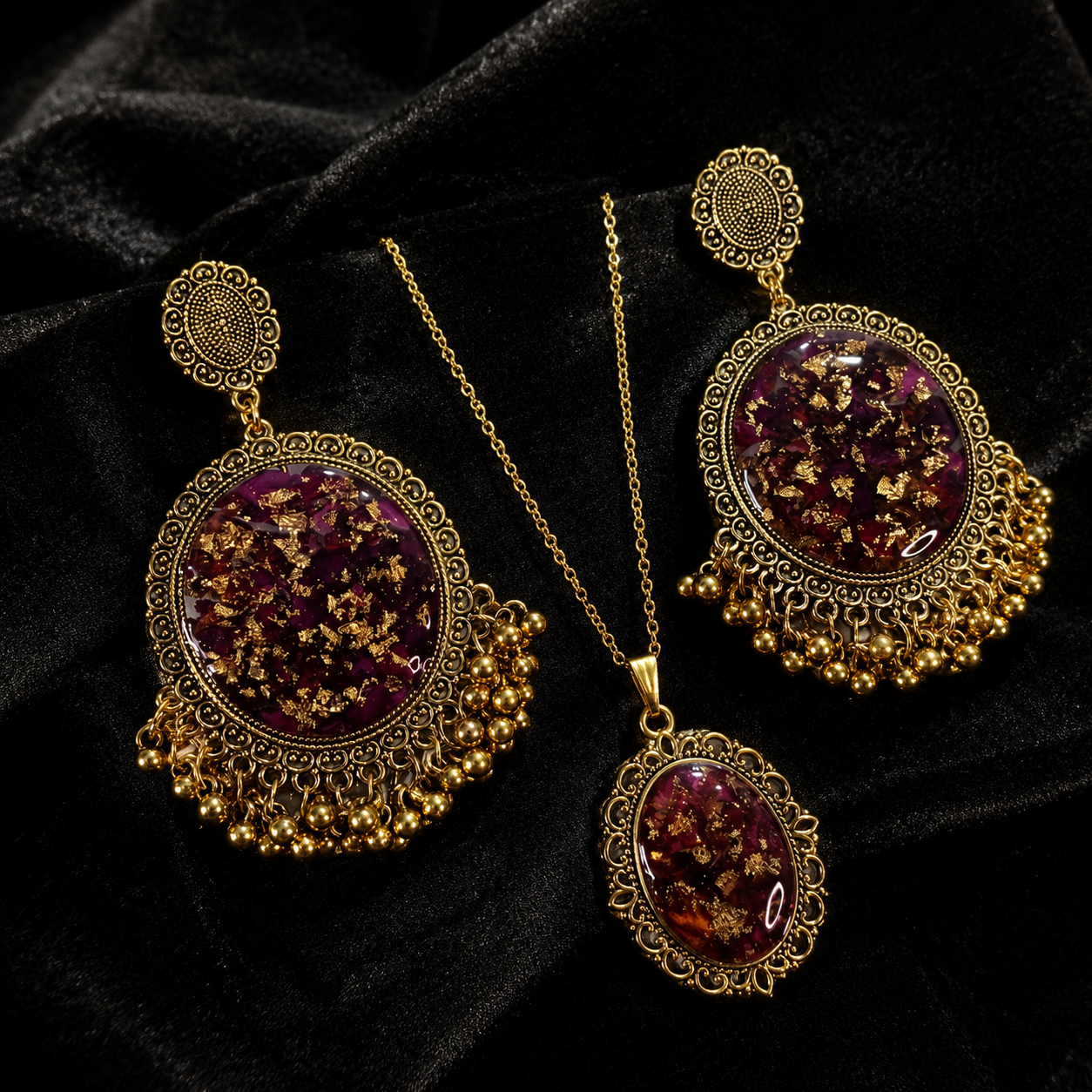 Royal Burgundy Gold Resin Jewelry Set
