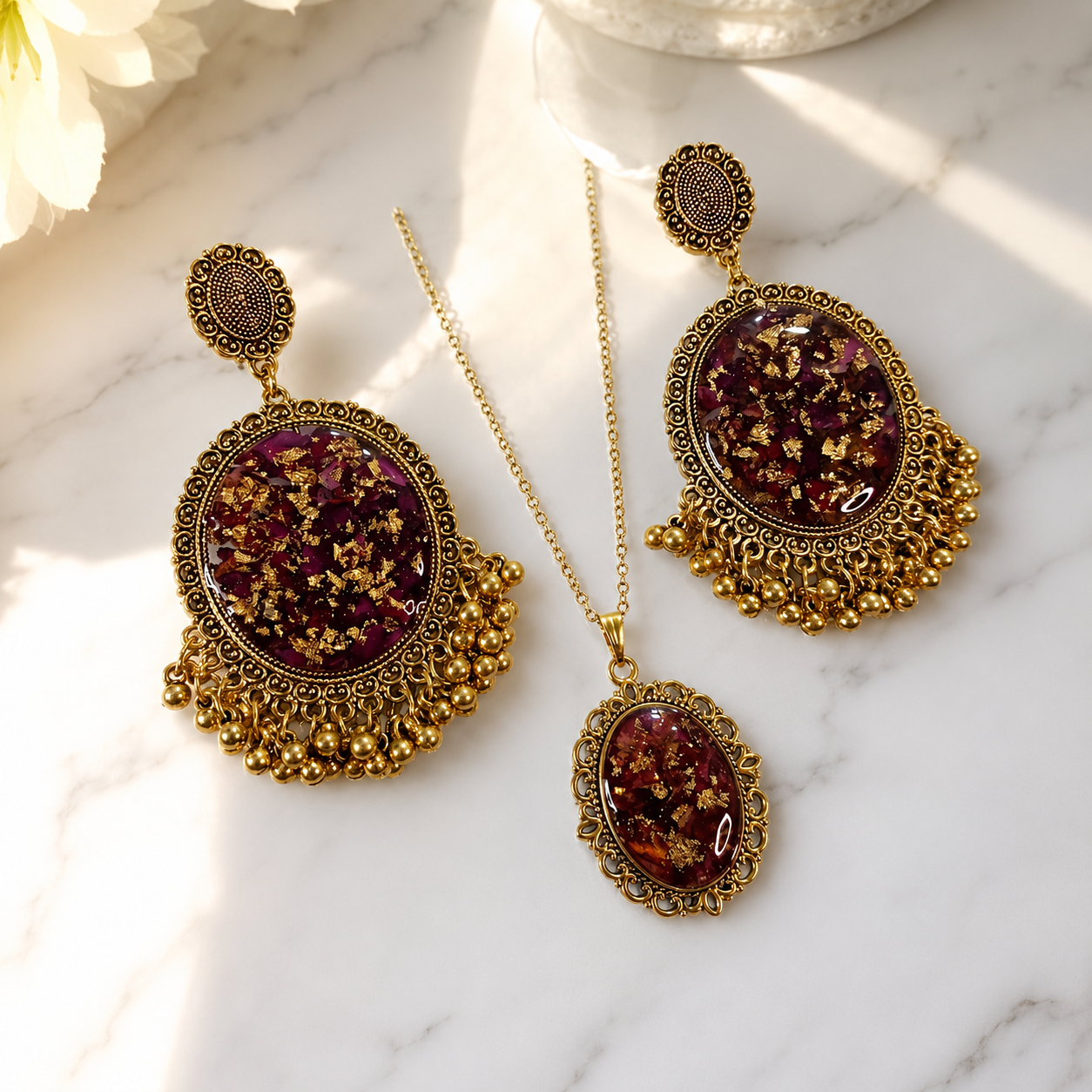 Royal Burgundy Gold Resin Jewelry Set