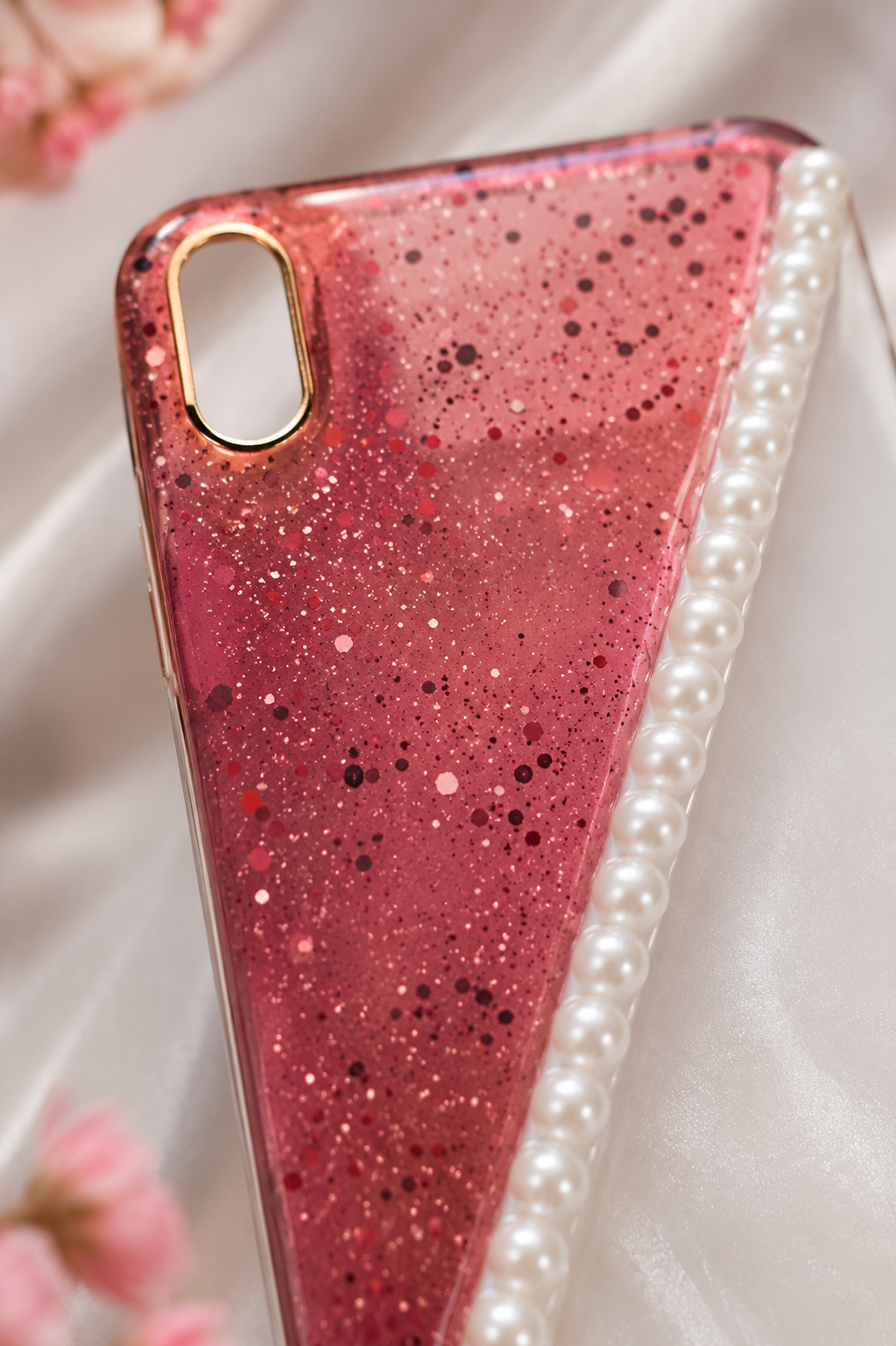 Blush Pearl Resin Phone Case – Pink Glitter & Pearl Accent Design