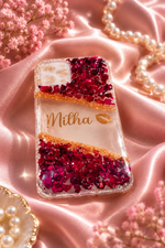 Ruby Bloom Resin Phone Case – Red Floral & Gold Glitter Design