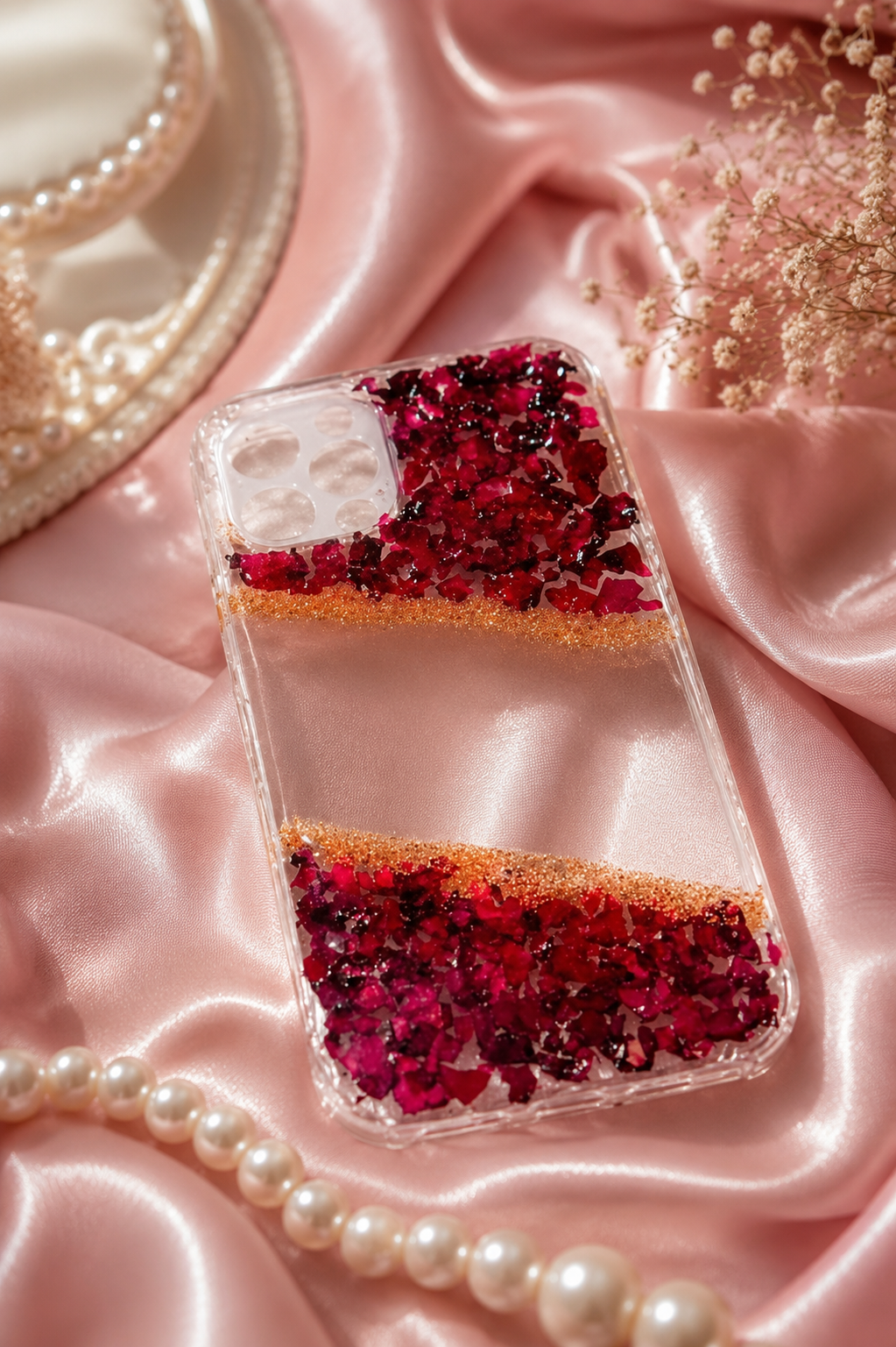 Ruby Bloom Resin Phone Case – Red Floral & Gold Glitter Design