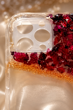 Ruby Bloom Resin Phone Case – Red Floral & Gold Glitter Design