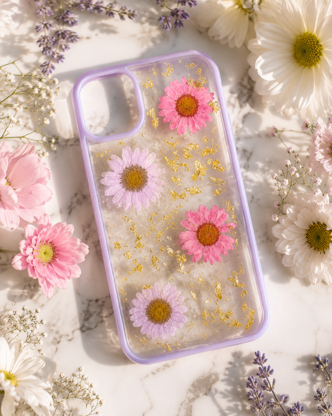 Pressed Flower Resin Phone Case – Lavender Bloom