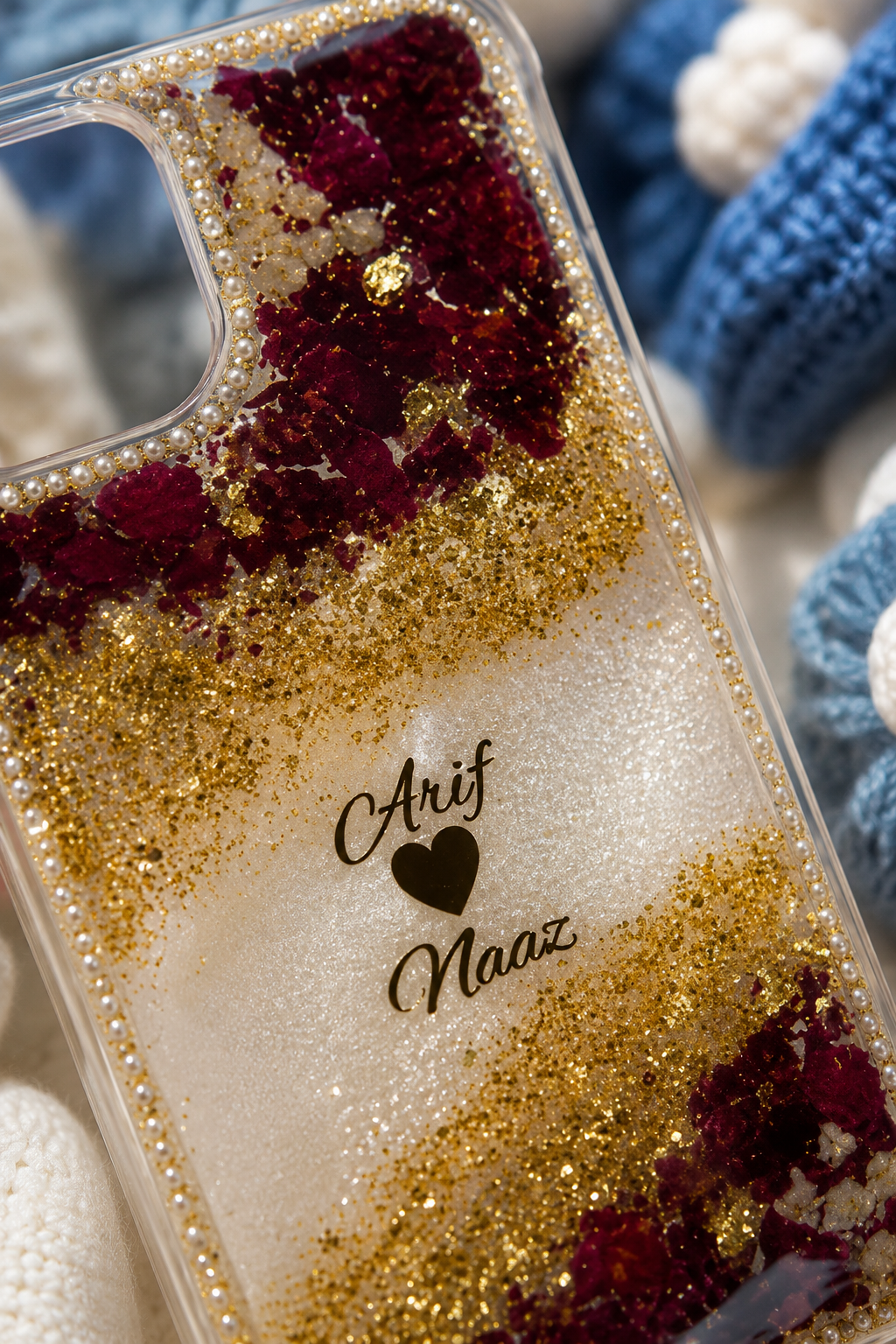 Personalized Name Resin Phone Case – Custom Couple Name & Gold Glitter Design