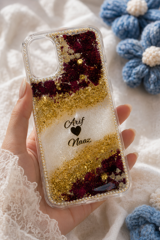 Personalized Name Resin Phone Case – Custom Couple Name & Gold Glitter Design