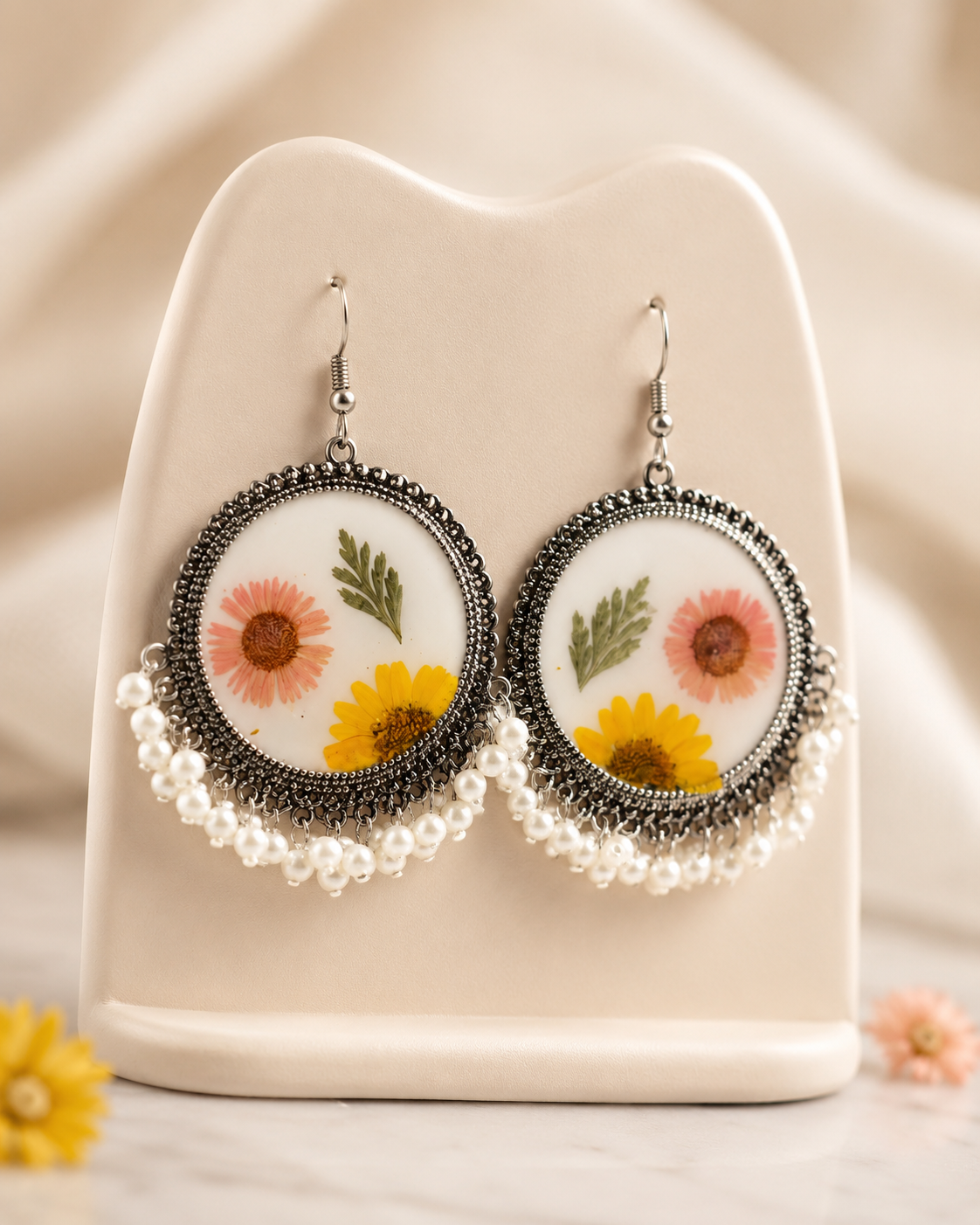 Customizable Pressed Flower Pearl Resin Earrings