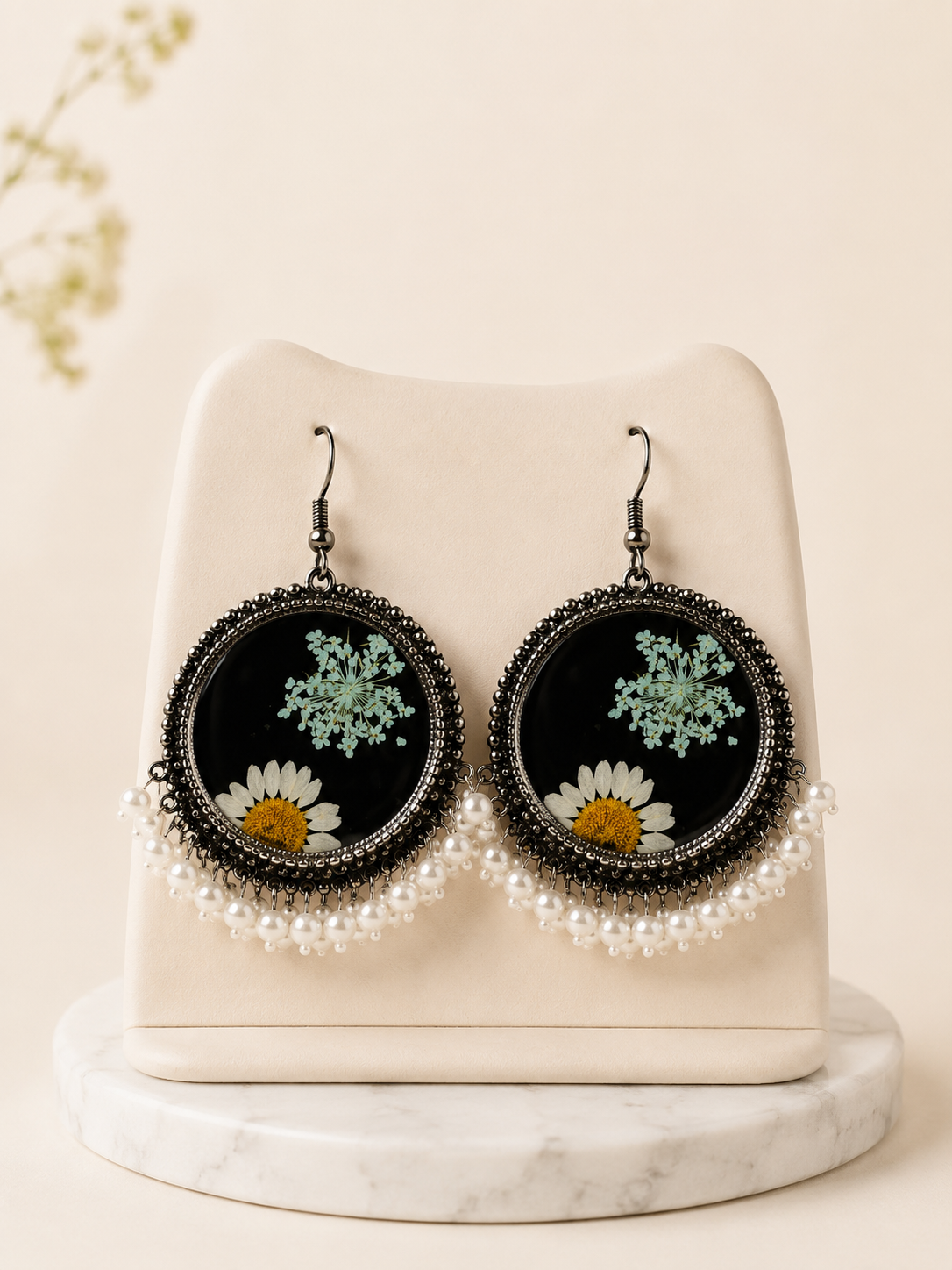 Customizable Midnight Bloom Pearl Resin Earrings
