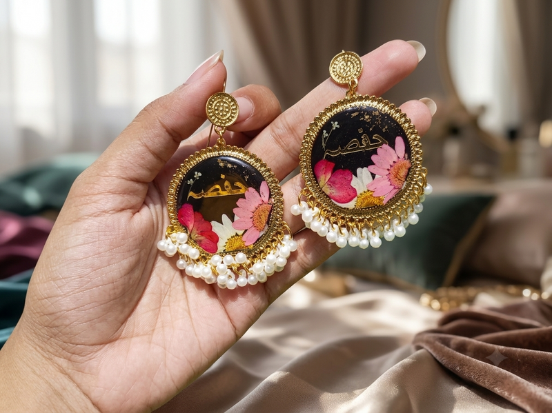 Hifz Personalized Floral Resin Pearl Earrings